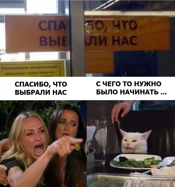 Не за что ! - Моё, Мемы, Две женщины орут на кота, Вывеска