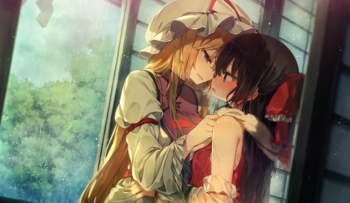 In the rain - Touhou, Anime art, Anime, Not anime, Hakurei Reimu, Yakumo yukari, Shinoba, Yuri