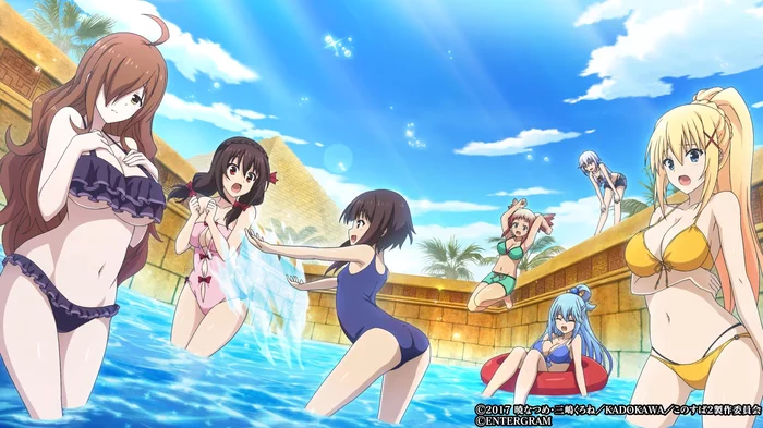 Pool party - Konosuba, Anime art, Anime, Swimsuit, Aqua, Wiz, Darkness, Megumin, Yunyun, Chris