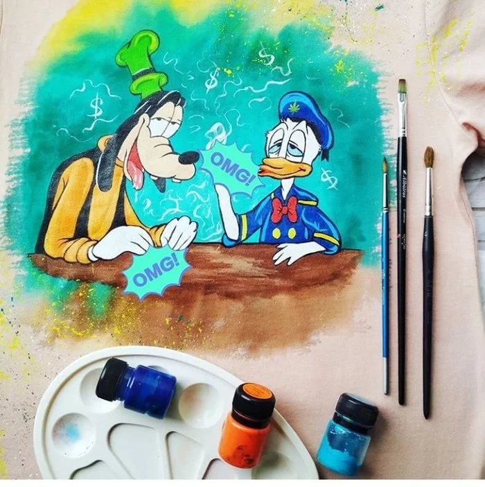 Hand-painted T-shirt. Goofy and Donald Duck - My, Creation, Goofy, Donald Duck, Painting on fabric, T-shirt, Longpost, Walt disney company, Painting, Acrylic