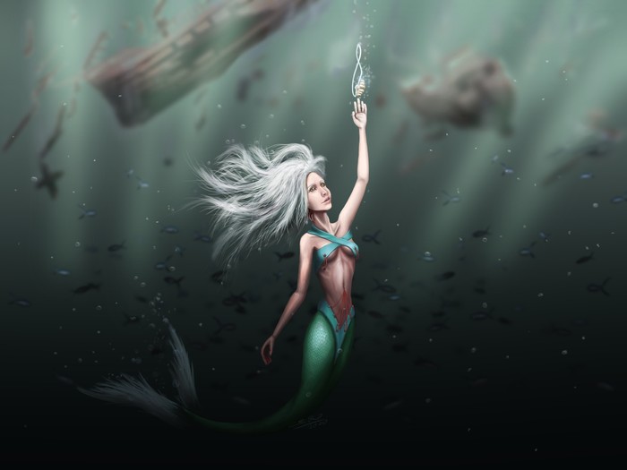 Aquamarine - My, Mermaid, Graphics tablet, Digital drawing, Under the water