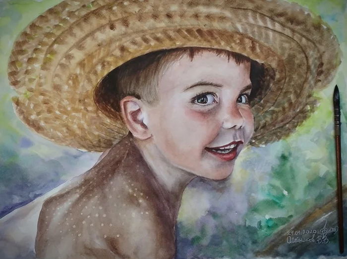 Sombrero (watercolor portrait) 2020 - My, Children, The sun, Sight, Watercolor, Eyes, Sombrero, Drawing, Portrait