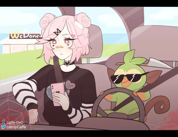 Natsuki and grookey - Doki Doki Literature Club, Pokemon, , Natsuki, Anime art, Anime, Visual novel, Crossover, Crossover