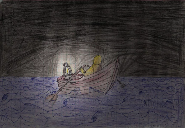 Man in a small boat - My, Drawing, Pencil drawing, Sea, Ocean, A boat