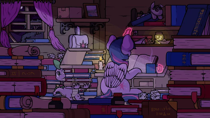 Gatherings at night with books - My little pony, PonyArt, Twilight sparkle, Spike, Ljdamz1119