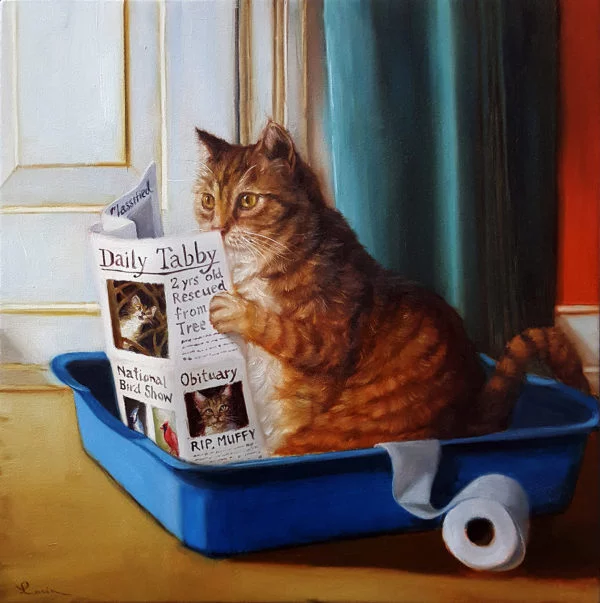 cat on the throne - cat, Catomafia, Toilet, Toilet paper, Reading, Newspapers, Lucia Heffernan, Art