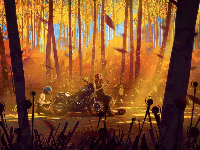 Stop in the forest - Art, Drawing, Moto, Forest, Autumn, Bastien Grivet