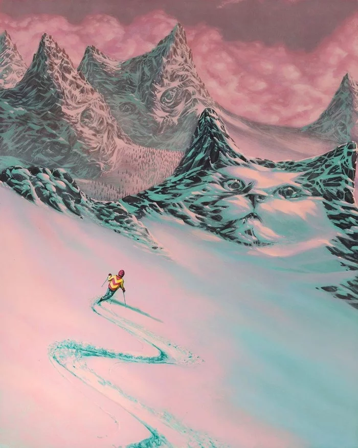 Mountain seals - Art, Drawing, The mountains, cat, Snow, Skis, Casey Weldon