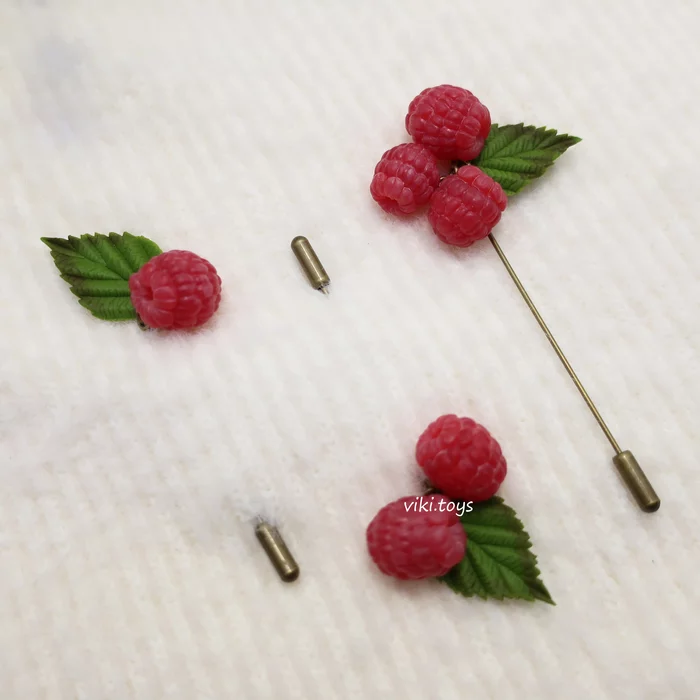 Raspberry brooches made of polymer clay - My, Polymer clay, Berries, Needlework without process, Decoration, Handmade, With your own hands, Presents, Craft, Longpost