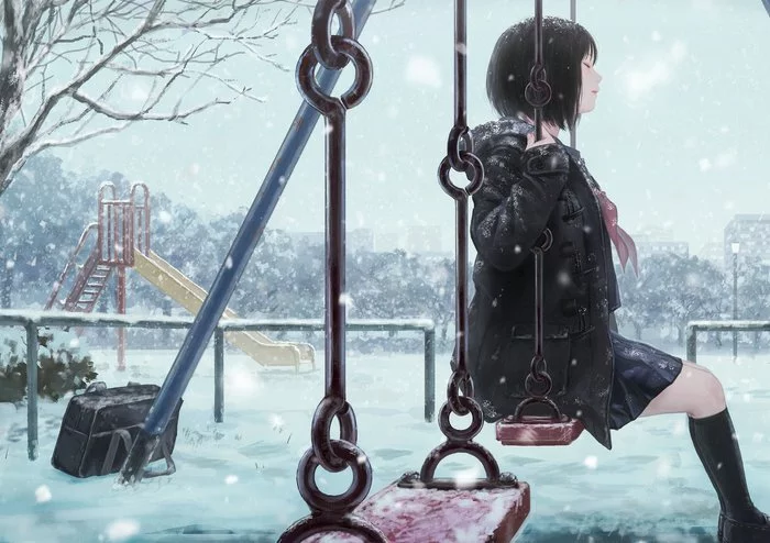 Swing - Art, Drawing, Girl, Swing, Winter, Romiy