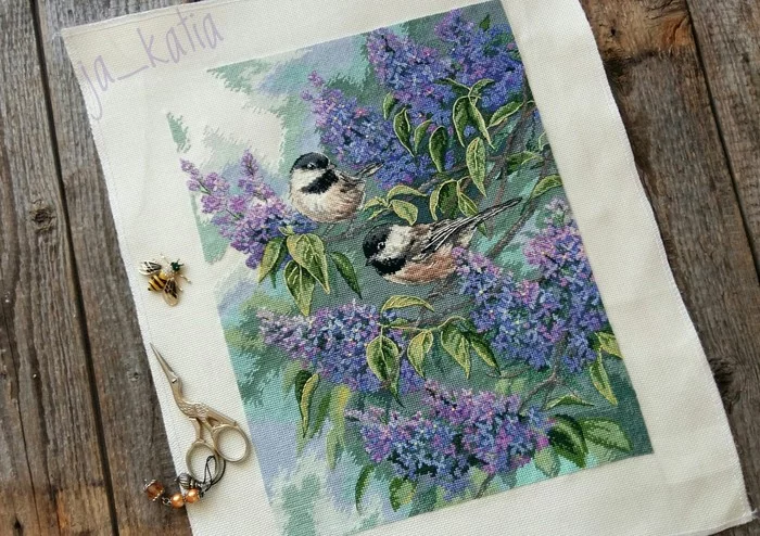 Tits and lilacs. Cross-stitch - My, Embroidery, Cross-stitch, Needlework, Longpost, Needlework without process