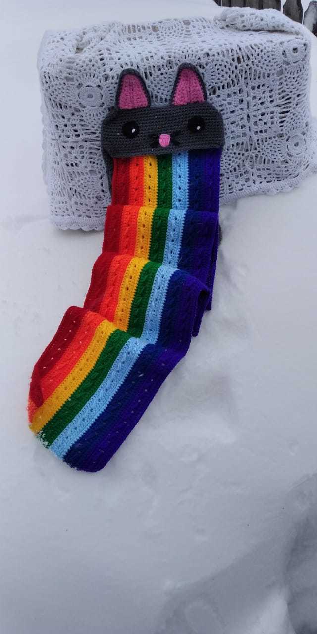 Crochet scarf (Nyan Cat) - My, Nyan cat, Crochet, Knitting, Needlework without process, Scarf, Longpost