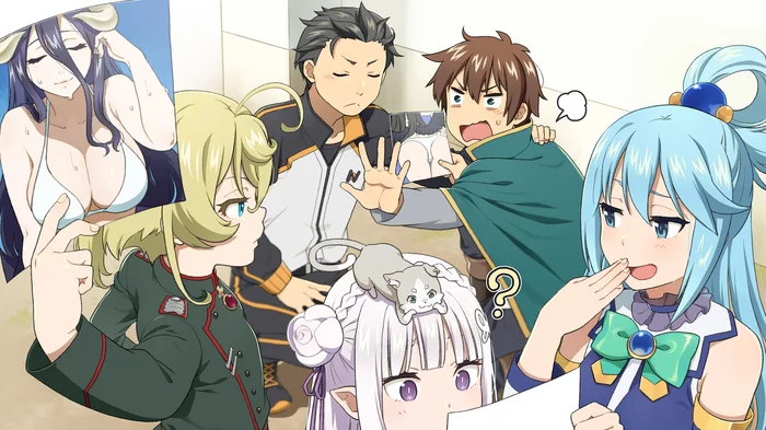 Isekai Quartet - Isekai quartet, Anime art, Anime, Aqua, Emilia, Tanya Degurechaff, Satou kazuma, Natsuki subaru, Youjo senki, Re: Zero Kara, Konosuba, Albedo (Overlord)