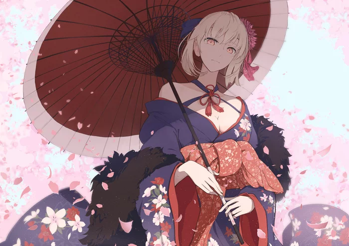 Saber Alter - Anime, Anime art, Fate, Fate grand order, Saber alter, Artoria pendragon, Kimono, Umbrella