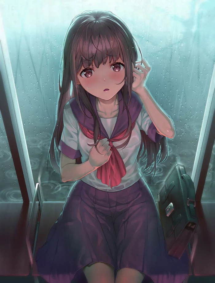 Rain - Anime, Art, Anime art, Original character, Girls, Schoolgirls, Rain