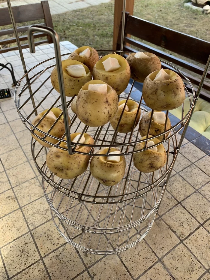 Baked potatoes with lard - My, Tandoor, Dacha, Longpost, Recipe, Potato, Salo