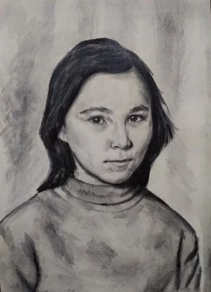 Portrait charcoal+watercolor - My, Portrait, Portrait by photo, Art, Watercolor, Coal, Painting, beauty, Longpost