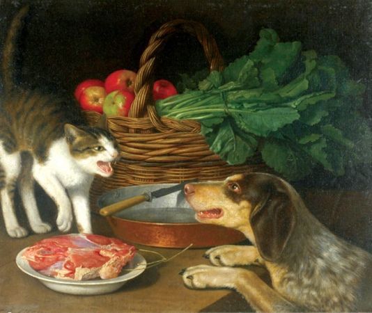 Dispute - Dispute, Cats and dogs together, Dinner, Conversation piece, Painting