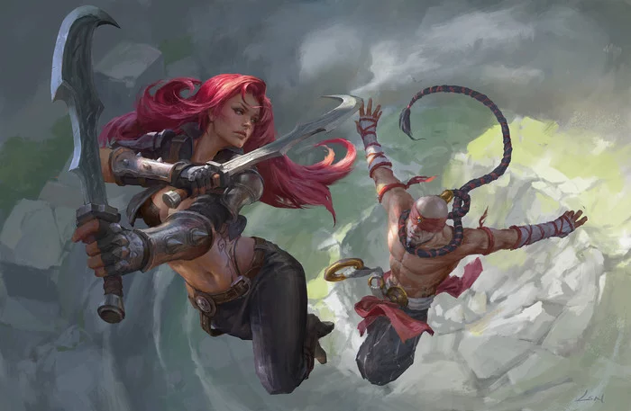 Katarina and Lee sin - Девушки, Арт, Artstation, Song Nan Li, League of Legends