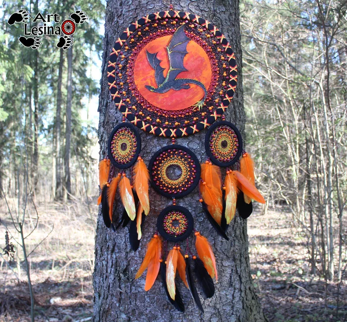 Dreamcatcher Dragon Sun - My, Dreamcatcher, The Dragon, Needlework without process, Needlework, Amulet, Longpost