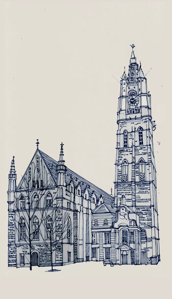 Ghent Tower, black pen drawing - My, Watchtower, Town, Art, Pen drawing