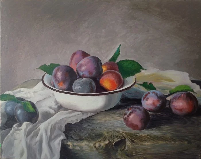 Plums - My, Canvas, Butter, Still life, Plum, Painting