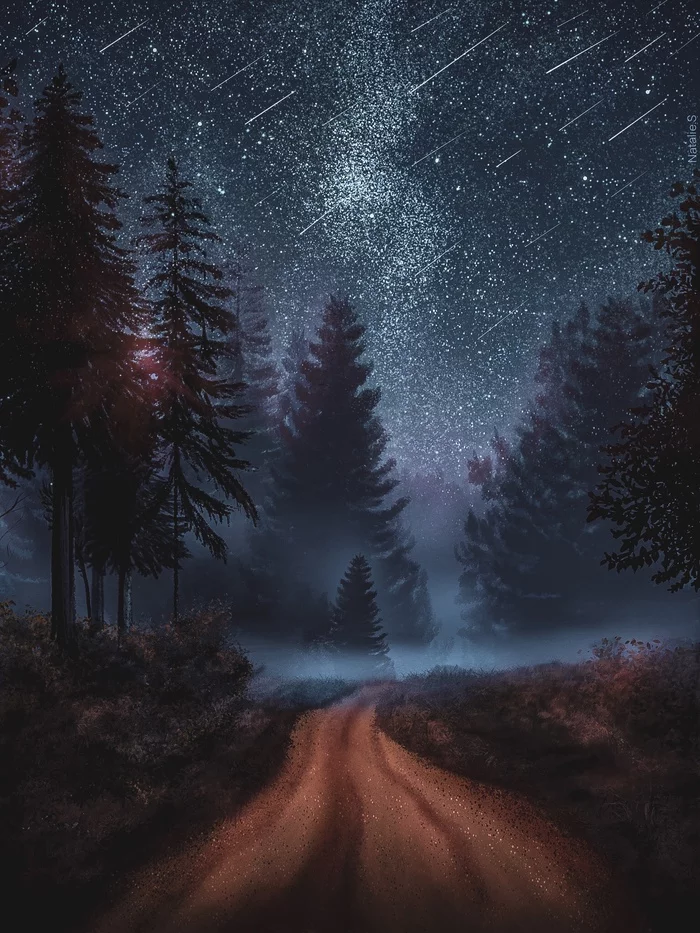 starry early morning - My, Art, Landscape, Procreate, Starry sky, Forest, Atmosphere, Fog