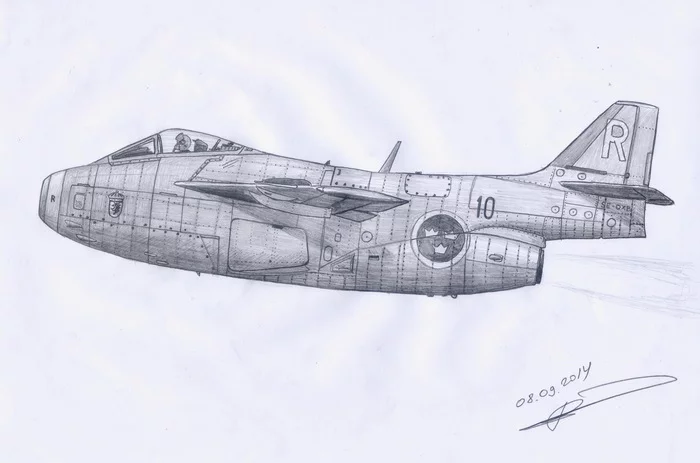 Saab J-29 Tunnan - My, Pencil drawing, Aviation, Art, Airplane, Air force