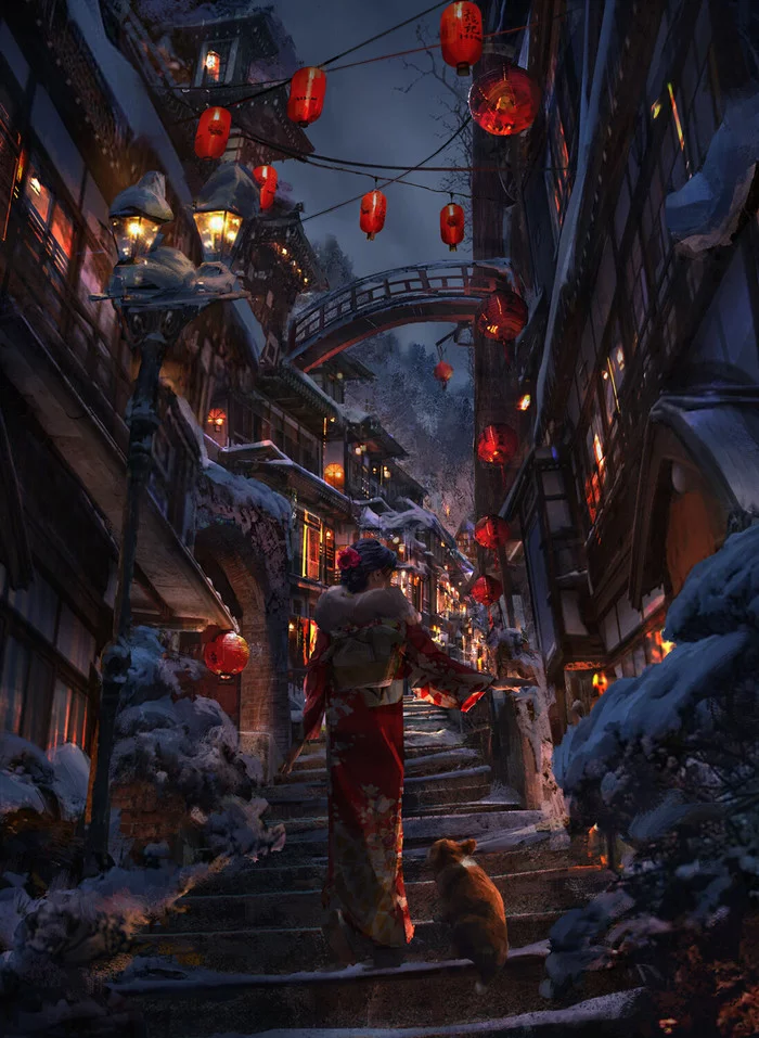 Winter - Art, Drawing, Winter, Japan, Stairs, Flashlight, Eddie Mendoza