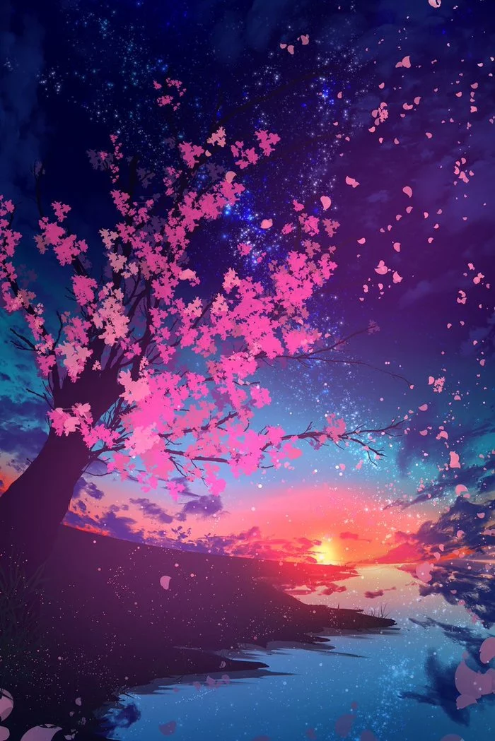 Continuation of the post “Night” - Art, Landscape, Background, Starry sky, dawn, Sakura, Reply to post