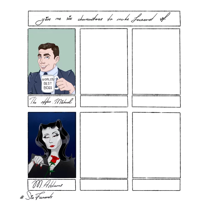 Name six characters for me to draw: 2/6 - My, The Addams Family, Art, Challenge, Sixfanarts