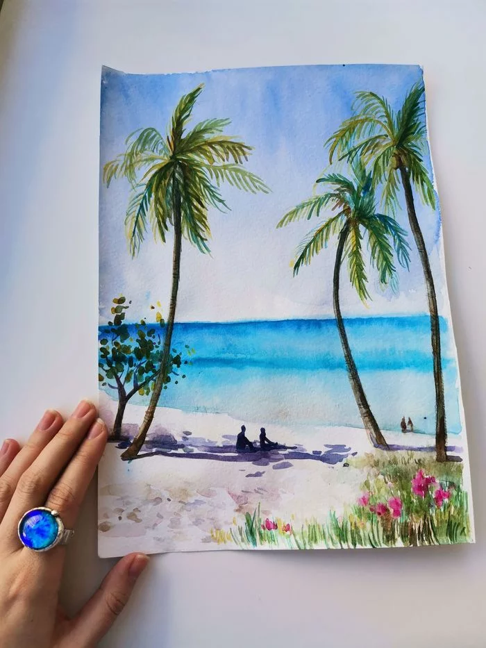 How to paint a beach in watercolor. Drawing lesson - My, Painting, Watercolor, Illustrations, Painting, Art, Drawing lessons, Useful, Sea, Video, Longpost