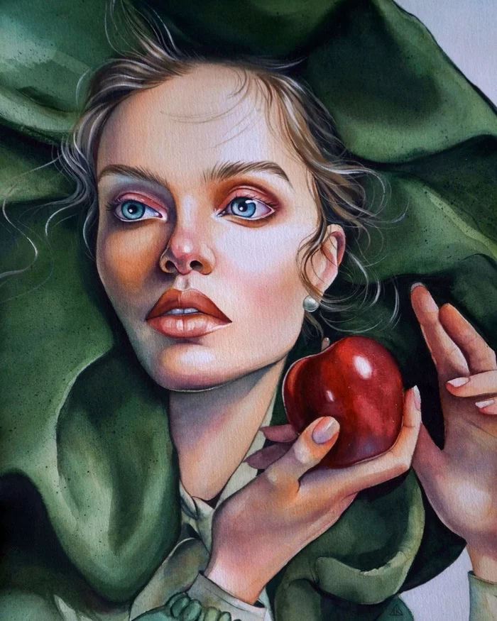 Would you like an apple? - My, Watercolor, Paper, Apples, Portrait, Portrait by photo