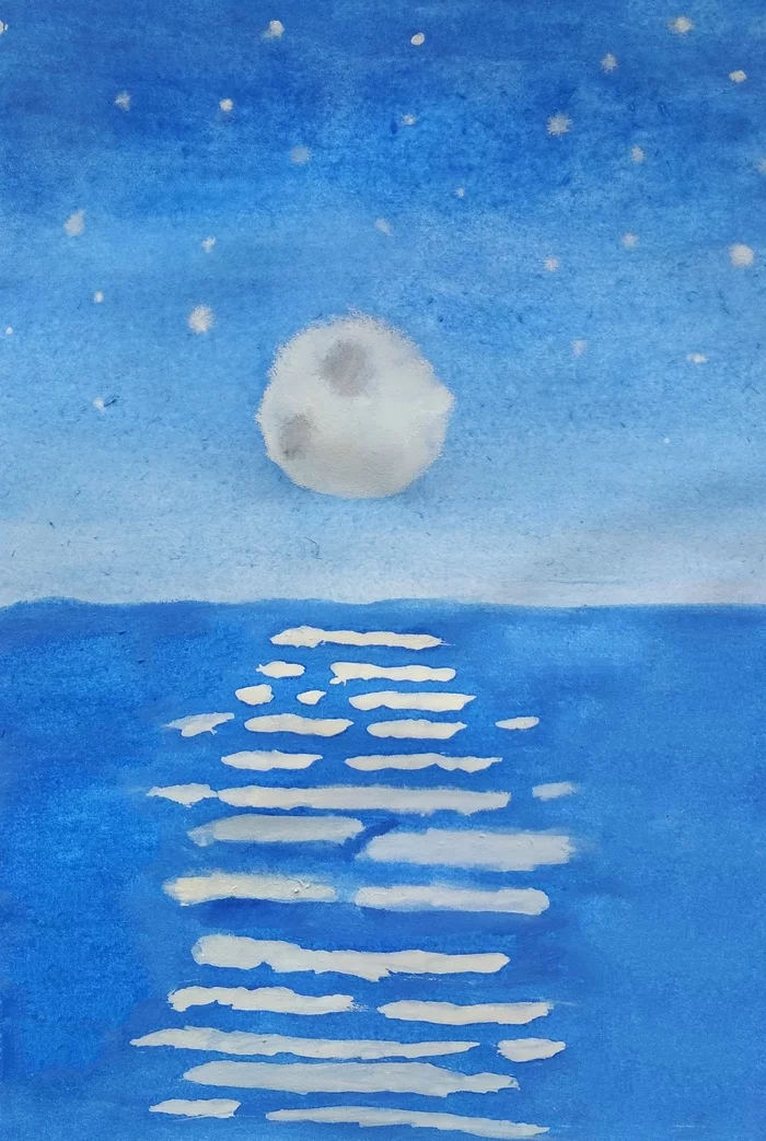 My second regular drawing - My, Drawing, Gouache, Creation, Art, Landscape, moon