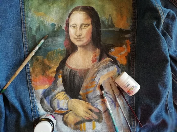 When the customer says, Julia, I changed my mind, I want you to draw Mona Lisa - My, Mona Lisa, Mona lisa, Painting, Jacket, Drawing, Acrylic, Fashion, Painting on fabric, Longpost