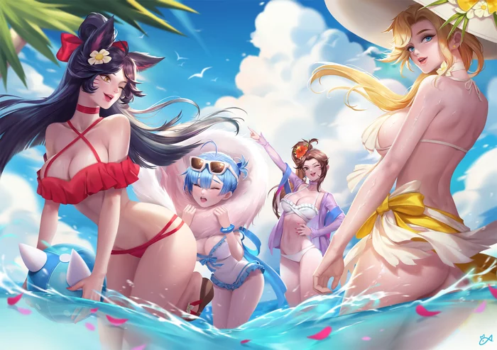 Hot summer - Overwatch, Re:Zero Kara, League of Legends, Кроссовер, Anime Art, Арт, Купальник, Игры