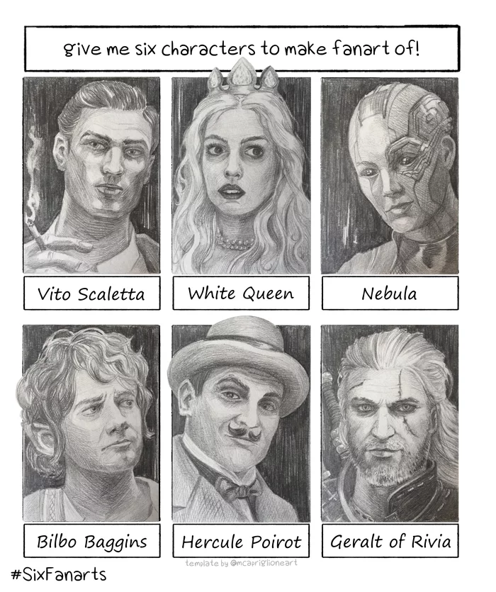 6 characters - My, Portrait, Art, Drawing, Pencil drawing, Longpost, Sixfanarts, Mafia 2, Vito Scaletta, Alice in Wonderland, White Queen, Marvel, Nebula, The hobbit, Bilbo Baggins, Hercule Poirot, Witcher, Geralt of Rivia