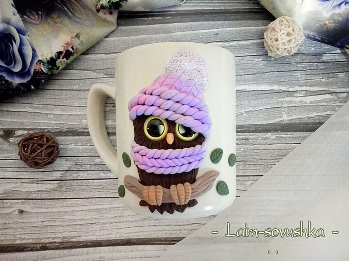 Owl on a mug - My, Polymer clay, Owl, Кружки, Longpost, Needlework with process, With your own hands