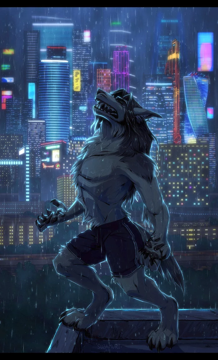 Werewolf - Furry, Art, Town, Suzamuri, Night, Wolf