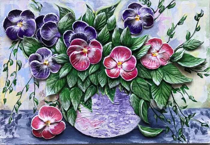 Картина «Анютины глазки», акриловая живопись, соленое тесто