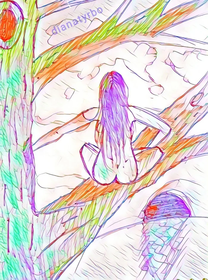 It's a bit of crap, don't judge too harshly....) - My, Art, Treatment, Drawing, Photo processing, Girls, Sunset, Forest, Naked