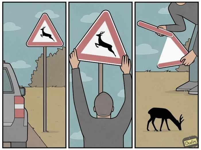 Freedom for the deer! - Gudim, Road sign, Deer, Liberty, Comics