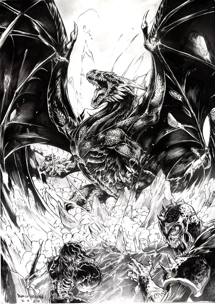 Black dragon - Art, Fantasy, The Dragon, Black and white