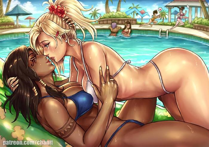 I need healing... - NSFW, Art, Mercy, Pharah, Overwatch, Blizzard, Erotic, Swimsuit