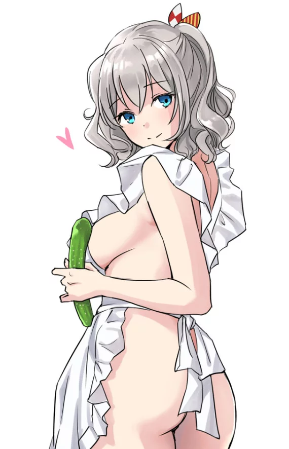 Что же она будет готовить? - NSFW, Kantai Collection, Kashima, Naked apron, Огурцы, Аниме, Anime Art