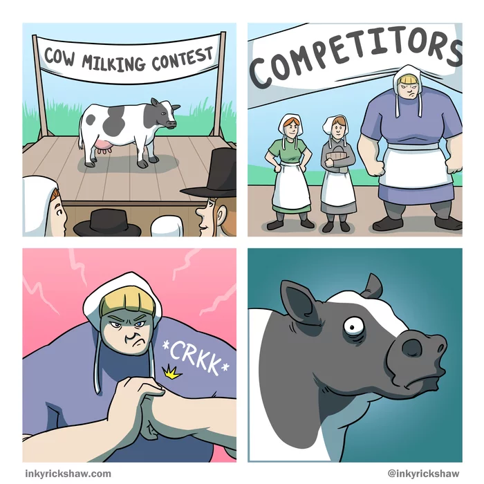 Cow milking competition - Cow, Milk, The fright, Competition, Comics, Milkmaid