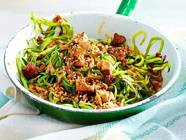 Spaghetti squash with tofu - My, Tofu, Spaghetti, Zucchini, Vegetarianism, Recipe, Cooking, Food