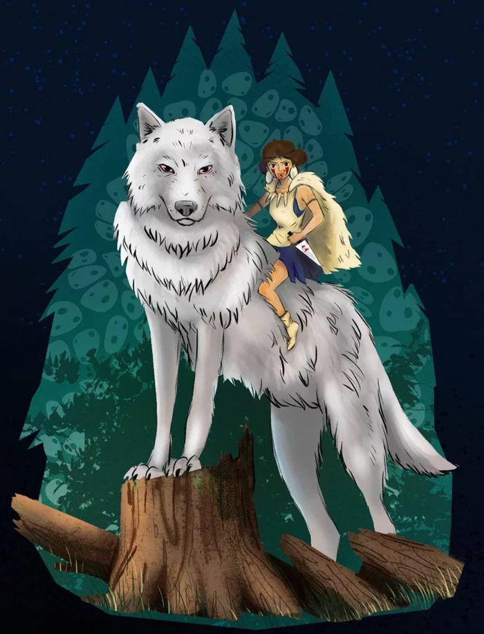 Princess Mononoke - My, Wolf, Art, Girls, Warrior, Forest