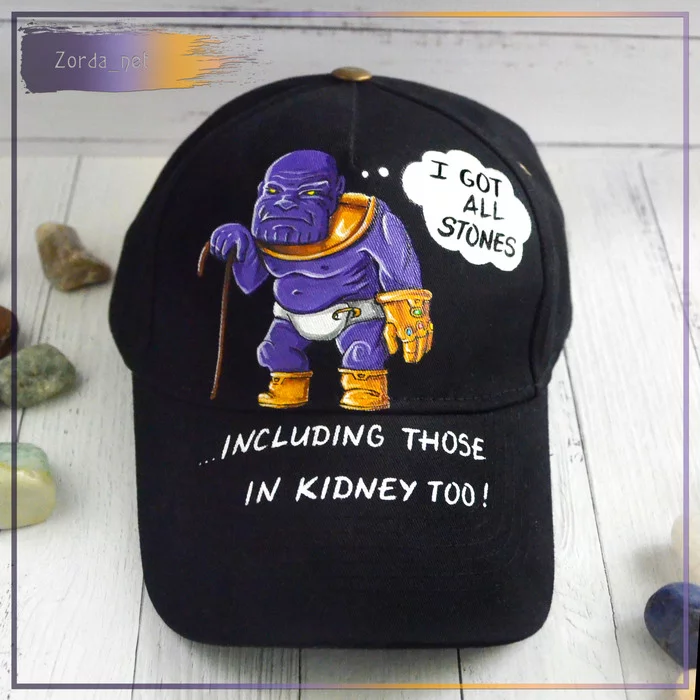 Be careful what you wish for. Thanos - hand painted cap - Needlework without process, Friday tag is mine, Baseball cap, Video, Longpost, Painting on fabric, Handmade, Thanos, My