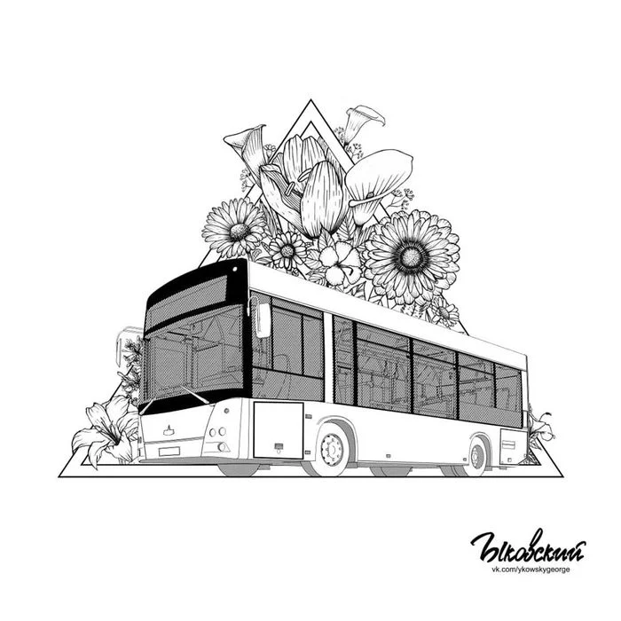 Maz-206 - My, Maz, Ink graphics, Bus, Flowers, Graphics, Drawing, Mascara, Art